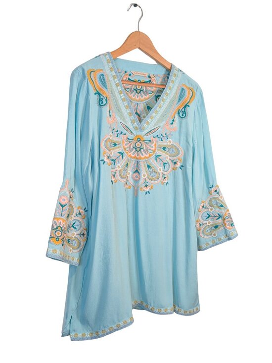 Soft Surroundings Womens XL Tunic Top Blue Floral Embroidered Blouse - Picture 5 of 7